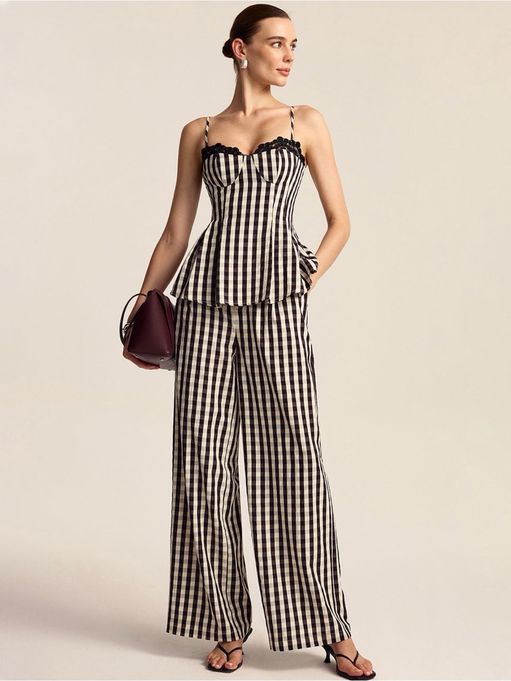 NWT Commense Black and White Gingham Peplum Top & Wide Leg Pants Set